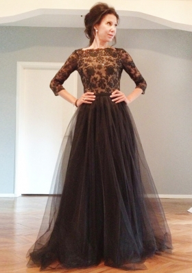 Shining Backless Black 3|4 Length Sleeve Beading and Lace Floor Length Prom Dress