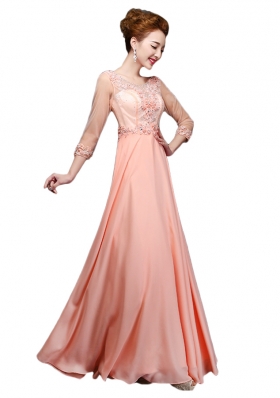 Shining Scoop 3|4 Length Sleeve Chiffon Prom Party Dress Beading Zipper
