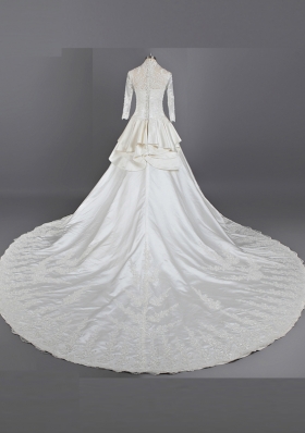 V-neck 3|4 Length Sleeve Cathedral Train Clasp Handle Wedding Dresses White Chiffon