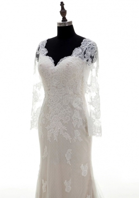 White Lace Clasp Handle V-neck 3|4 Length Sleeve With Train Wedding Dresses Court Train Lace and Appliques