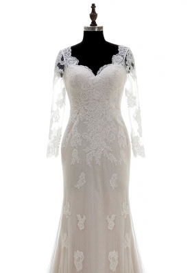 White Lace Clasp Handle V-neck 3|4 Length Sleeve With Train Wedding Dresses Court Train Lace and Appliques
