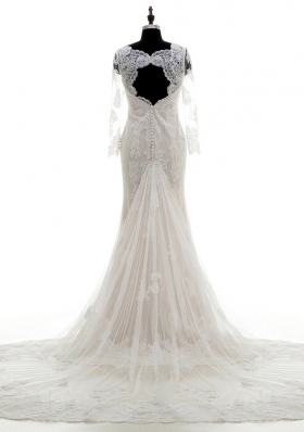 White Lace Clasp Handle V-neck 3|4 Length Sleeve With Train Wedding Dresses Court Train Lace and Appliques