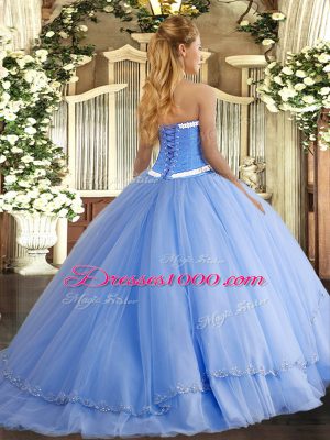 Sweetheart Sleeveless Vestidos de Quinceanera Brush Train Appliques Turquoise Tulle