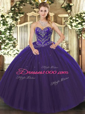 Beading Quinceanera Gown Purple Lace Up Sleeveless Floor Length