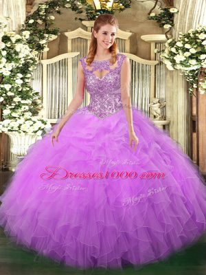 Suitable Lilac Sleeveless Tulle Lace Up Quinceanera Gown for Military Ball and Sweet 16 and Quinceanera