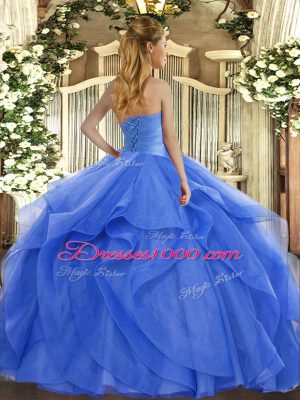 Blue Tulle Lace Up Strapless Sleeveless Floor Length Quinceanera Dresses Ruffles