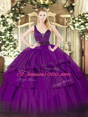 Extravagant Ball Gowns Ball Gown Prom Dress Purple Straps Organza Sleeveless Floor Length Zipper