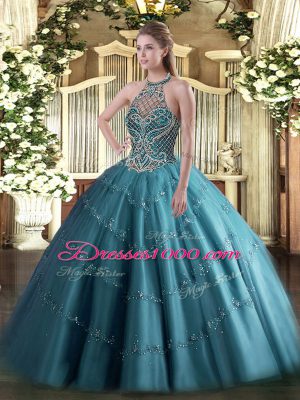 Best Sleeveless Floor Length Beading Lace Up 15 Quinceanera Dress with Teal