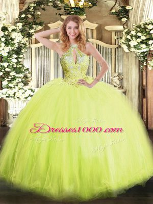 Graceful Yellow Green Ball Gowns Tulle Halter Top Sleeveless Beading Floor Length Lace Up Quinceanera Gown