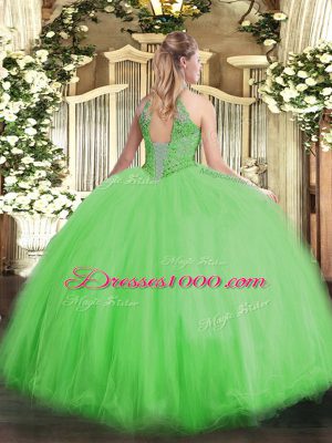 Graceful Yellow Green Ball Gowns Tulle Halter Top Sleeveless Beading Floor Length Lace Up Quinceanera Gown