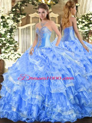 Baby Blue Sleeveless Floor Length Beading and Ruffled Layers Lace Up 15 Quinceanera Dress