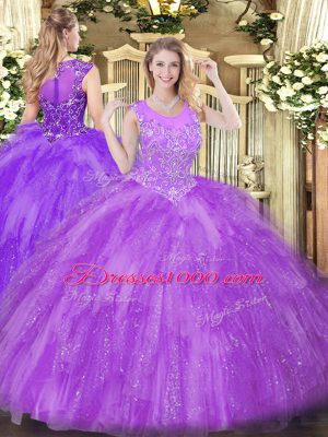 Lavender Sleeveless Floor Length Beading and Ruffles Zipper Ball Gown Prom Dress