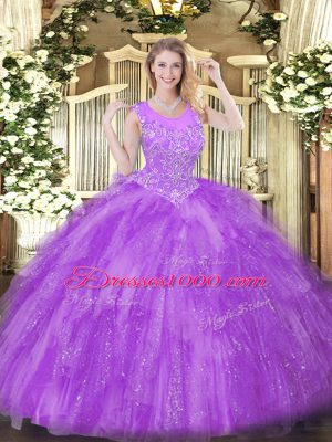 Lavender Sleeveless Floor Length Beading and Ruffles Zipper Ball Gown Prom Dress
