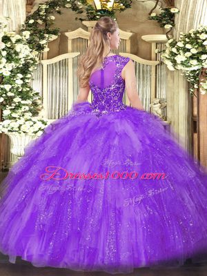 Lavender Sleeveless Floor Length Beading and Ruffles Zipper Ball Gown Prom Dress