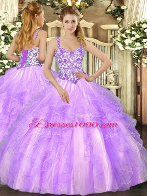 Lavender Ball Gowns Straps Sleeveless Organza Floor Length Lace Up Beading and Appliques and Ruffles Quinceanera Dresses