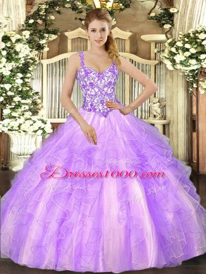 Lavender Ball Gowns Straps Sleeveless Organza Floor Length Lace Up Beading and Appliques and Ruffles Quinceanera Dresses