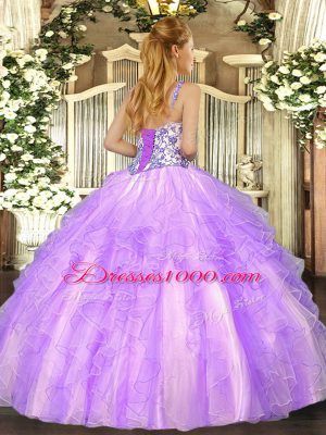 Lavender Ball Gowns Straps Sleeveless Organza Floor Length Lace Up Beading and Appliques and Ruffles Quinceanera Dresses