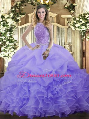 Lavender Lace Up 15th Birthday Dress Beading and Ruffles and Pick Ups Sleeveless Floor Length