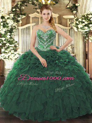 New Style Ball Gowns Quinceanera Dress Dark Green Sweetheart Tulle Sleeveless Floor Length Lace Up