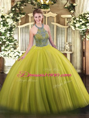 Olive Green Ball Gowns Beading Quinceanera Gown Lace Up Tulle Sleeveless Floor Length