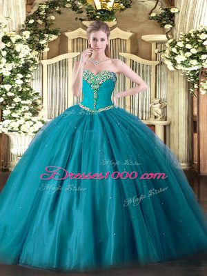 Teal Sleeveless Tulle Lace Up Quince Ball Gowns for Military Ball and Sweet 16 and Quinceanera