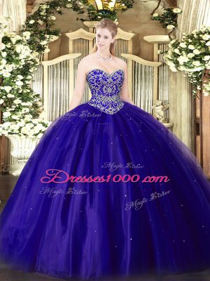 Excellent Sweetheart Sleeveless Sweet 16 Dress Floor Length Beading Blue Tulle