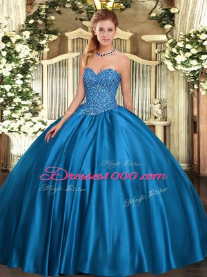 Stylish Blue Ball Gowns Satin Sweetheart Sleeveless Beading Floor Length Lace Up Quinceanera Gown