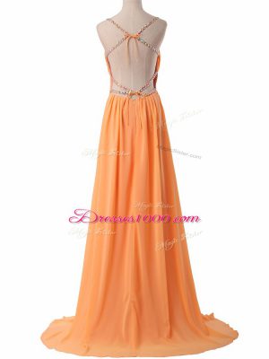 Beading Prom Dresses Orange Red Backless Sleeveless Floor Length