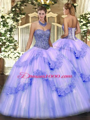 Lovely Lavender Ball Gowns Tulle Sweetheart Sleeveless Beading and Appliques and Ruffles Floor Length Lace Up 15 Quinceanera Dress