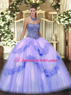 Lovely Lavender Ball Gowns Tulle Sweetheart Sleeveless Beading and Appliques and Ruffles Floor Length Lace Up 15 Quinceanera Dress