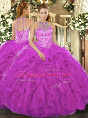 Ball Gowns 15 Quinceanera Dress Fuchsia Halter Top Organza Sleeveless Floor Length Lace Up