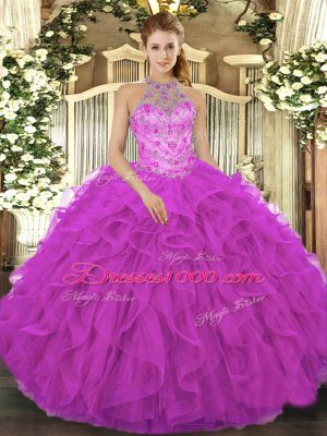 Ball Gowns 15 Quinceanera Dress Fuchsia Halter Top Organza Sleeveless Floor Length Lace Up