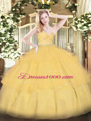 Customized Gold Vestidos de Quinceanera Military Ball and Sweet 16 and Quinceanera with Beading and Lace and Ruffled Layers Sweetheart Sleeveless Zipper