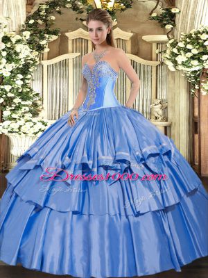 Floor Length Baby Blue 15 Quinceanera Dress Organza and Taffeta Sleeveless Beading and Ruffled Layers