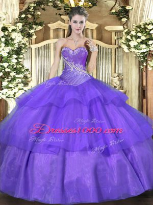 Glittering Sleeveless Tulle Floor Length Lace Up 15 Quinceanera Dress in Lavender with Beading and Ruffled Layers
