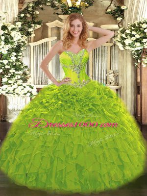 Elegant Olive Green Lace Up Vestidos de Quinceanera Beading and Ruffles Sleeveless Floor Length