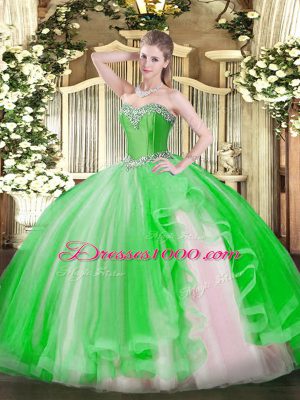 Green Quinceanera Dresses Military Ball and Sweet 16 and Quinceanera with Beading and Ruffles Halter Top Sleeveless Lace Up