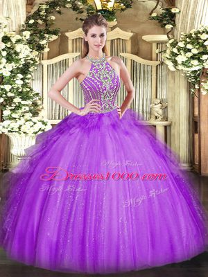 Lavender Ball Gowns Beading and Ruffles Quince Ball Gowns Lace Up Tulle Sleeveless Floor Length