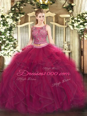 Smart Fuchsia Tulle Lace Up Quinceanera Dress Sleeveless Floor Length Beading and Ruffles