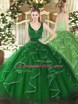 Comfortable Green Sleeveless Beading and Ruffles Floor Length Sweet 16 Dresses