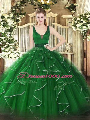 Comfortable Green Sleeveless Beading and Ruffles Floor Length Sweet 16 Dresses