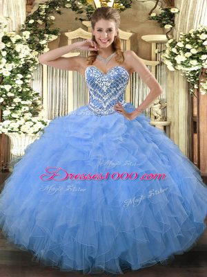Pretty Sweetheart Sleeveless Ball Gown Prom Dress Floor Length Beading and Ruffles Aqua Blue Tulle