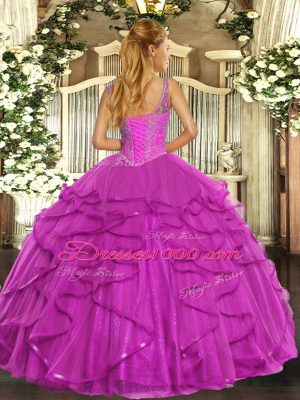 Best Selling V-neck Sleeveless 15 Quinceanera Dress Floor Length Beading and Ruffles Eggplant Purple Tulle