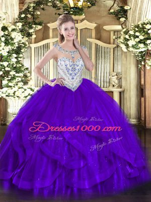 Flare Tulle Scoop Sleeveless Zipper Beading and Ruffles 15 Quinceanera Dress in Purple