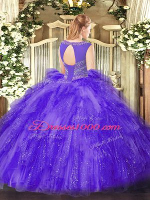 Sleeveless Floor Length Beading Lace Up Vestidos de Quinceanera with Blue