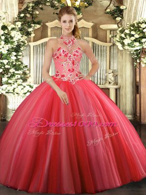 Romantic Coral Red Sleeveless Tulle Lace Up Ball Gown Prom Dress for Military Ball and Sweet 16 and Quinceanera
