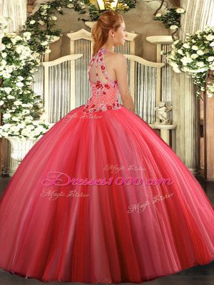 Romantic Coral Red Sleeveless Tulle Lace Up Ball Gown Prom Dress for Military Ball and Sweet 16 and Quinceanera