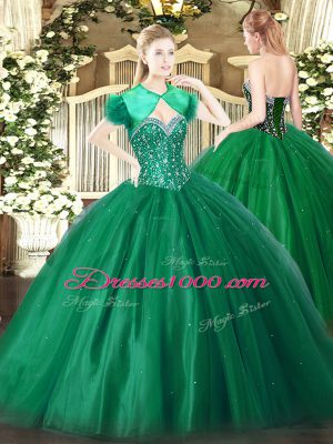 Floor Length Lace Up Sweet 16 Dresses Dark Green for Military Ball and Sweet 16 and Quinceanera with Beading