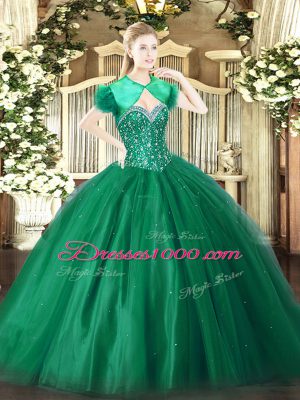 Floor Length Lace Up Sweet 16 Dresses Dark Green for Military Ball and Sweet 16 and Quinceanera with Beading