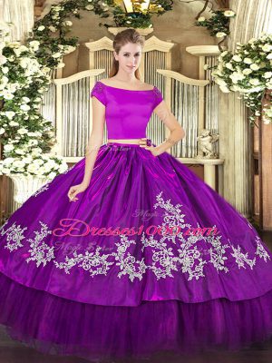Discount Floor Length Purple Quinceanera Gowns Off The Shoulder Short Sleeves Zipper